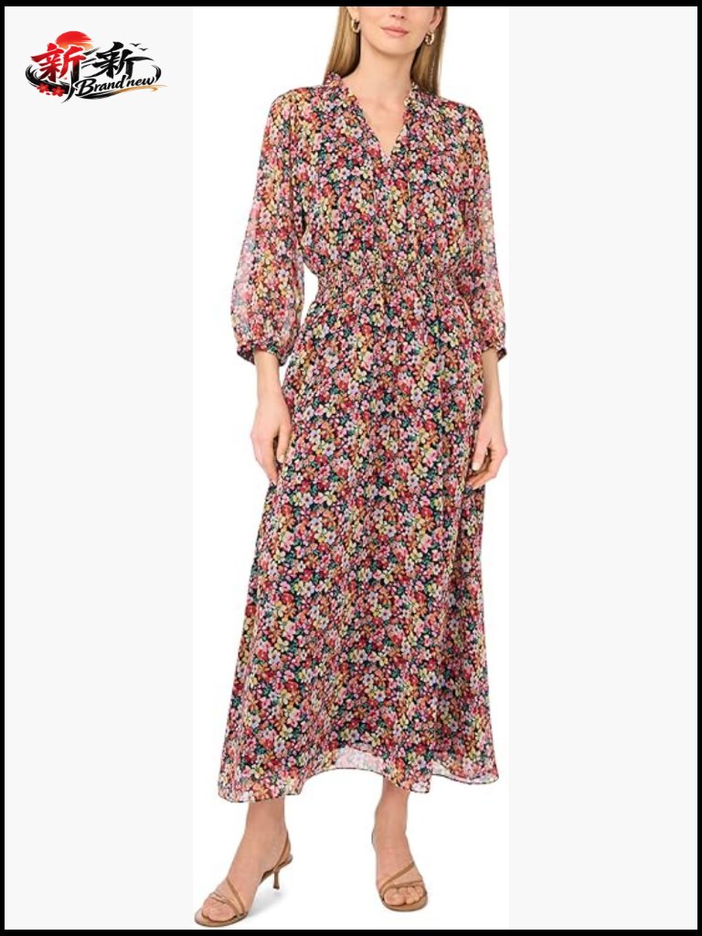 3/4 Puff Sleeve V-Neck Smocked Waist Maxi Dress